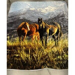 Cal King Heavy Mink Blanket Horses Mountain Scene – Super Soft GlobalLinen Heavy
